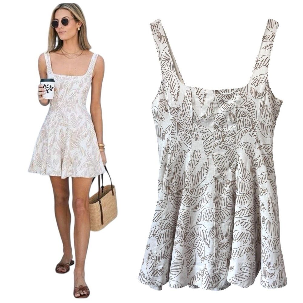 Antonio Melani x M.G. Style Nat Palm Drawing Print Linen Mini Dress Size 14 EUC